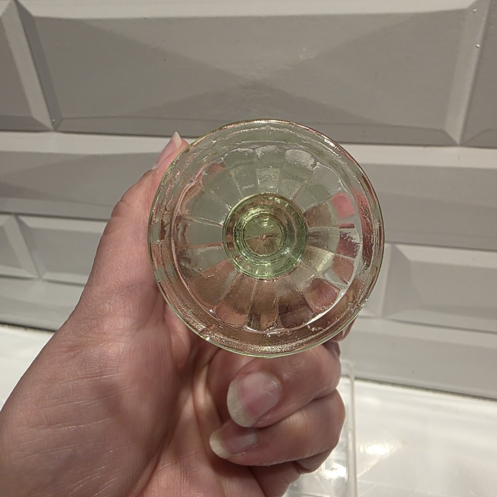 2 Anchor Hocking Pillar Optic Green Cordial Glasses 3 1/8" Uranium Glass - Picture 5 of 11
